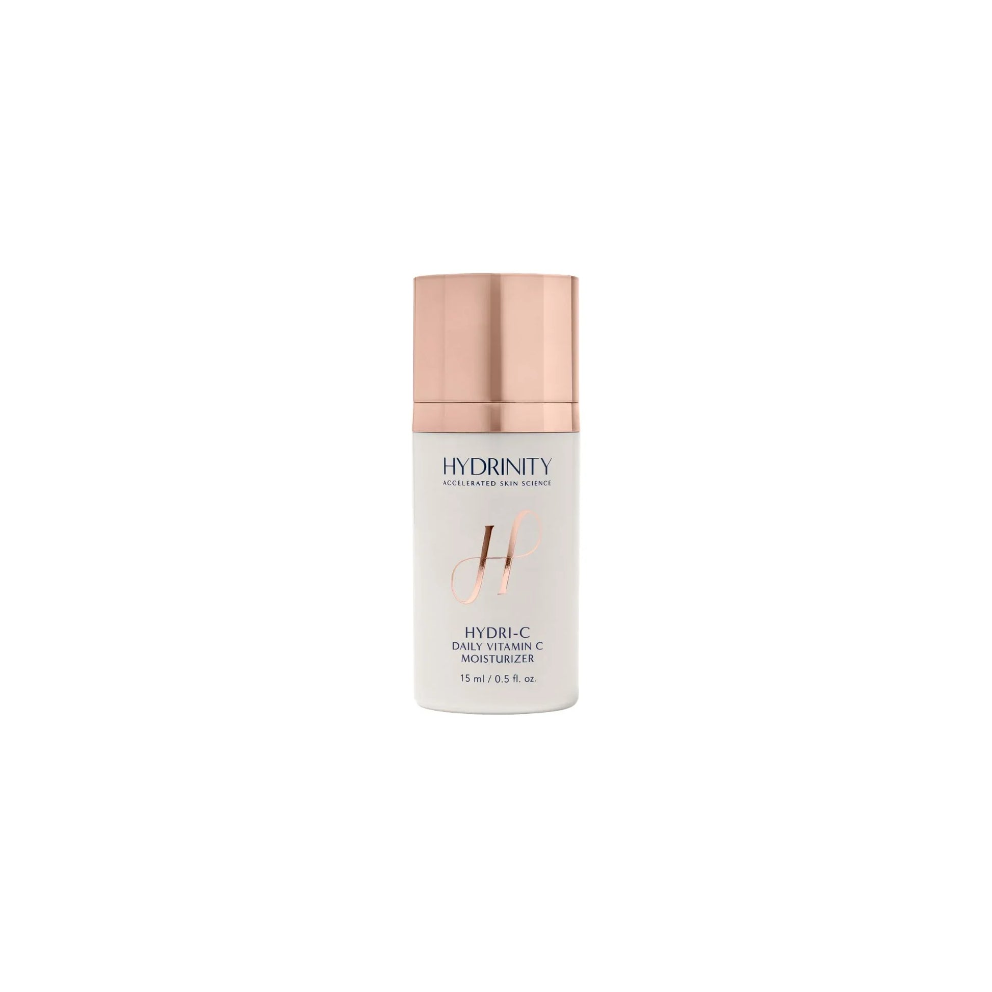 Hydrinity Hydri-C Daily Vitamin C Moisturizer bottle with rose gold cap on white background