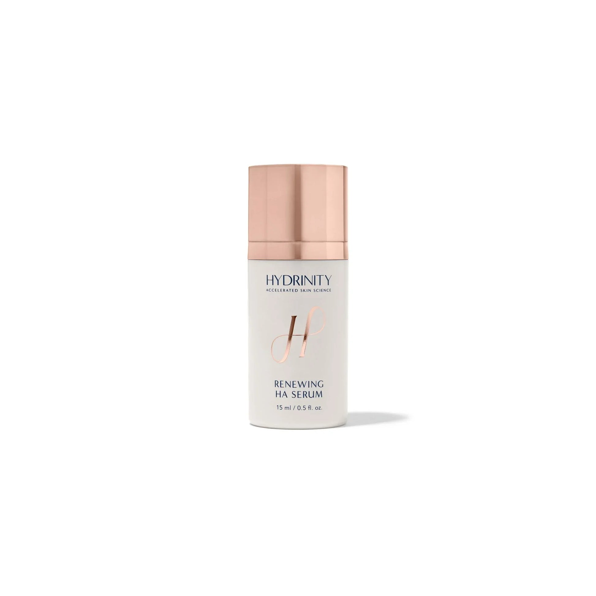 Hydrinity Renewing HA Serum skincare bottle with rose gold cap on white background