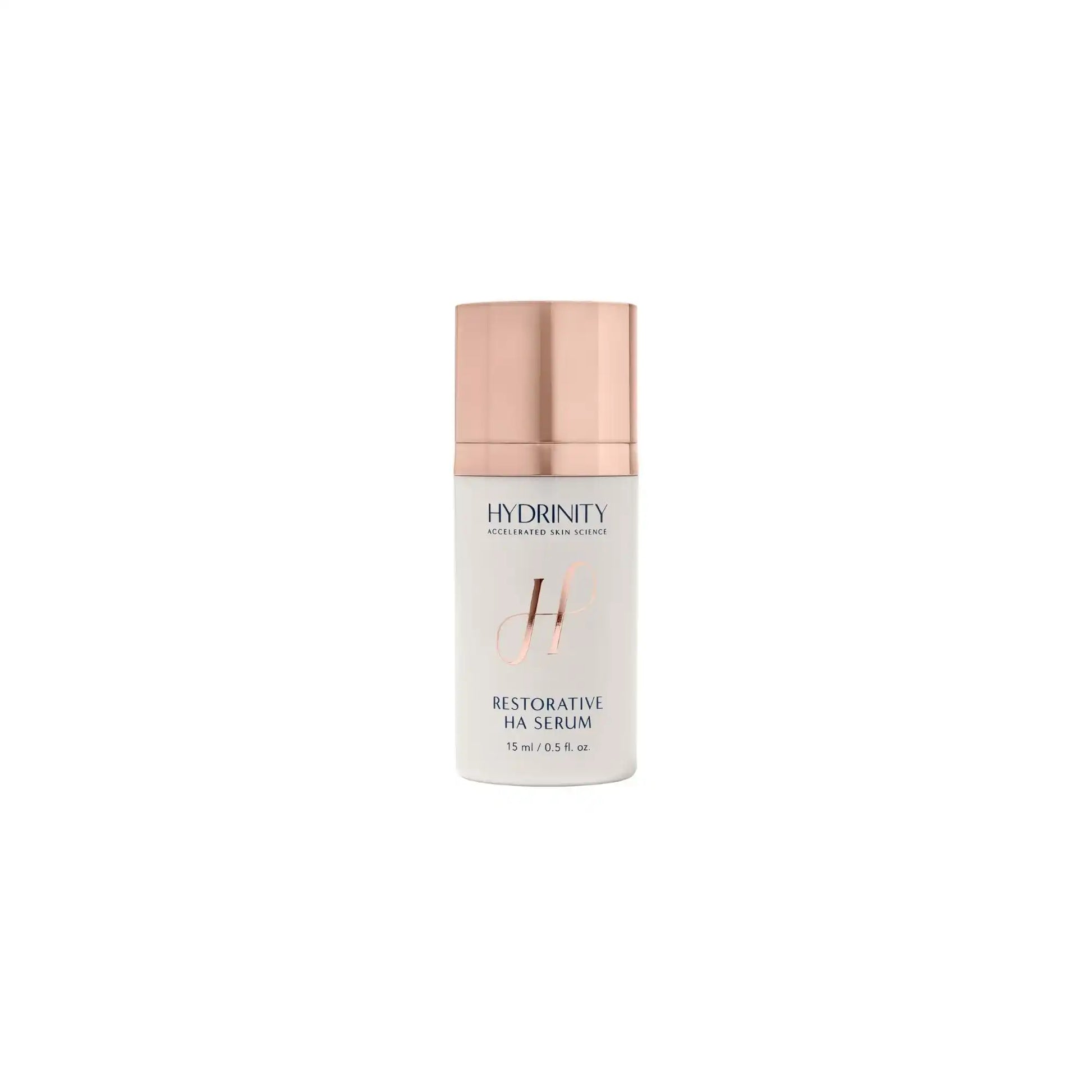 Hydrinity Restorative HA Serum 15ml bottle with rose gold cap on white background
