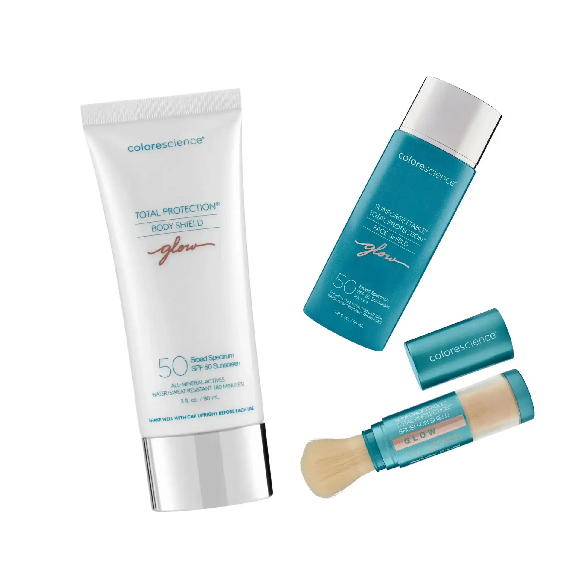 Colorescience SPF 50 sunscreen products for face and body with brush-on shield