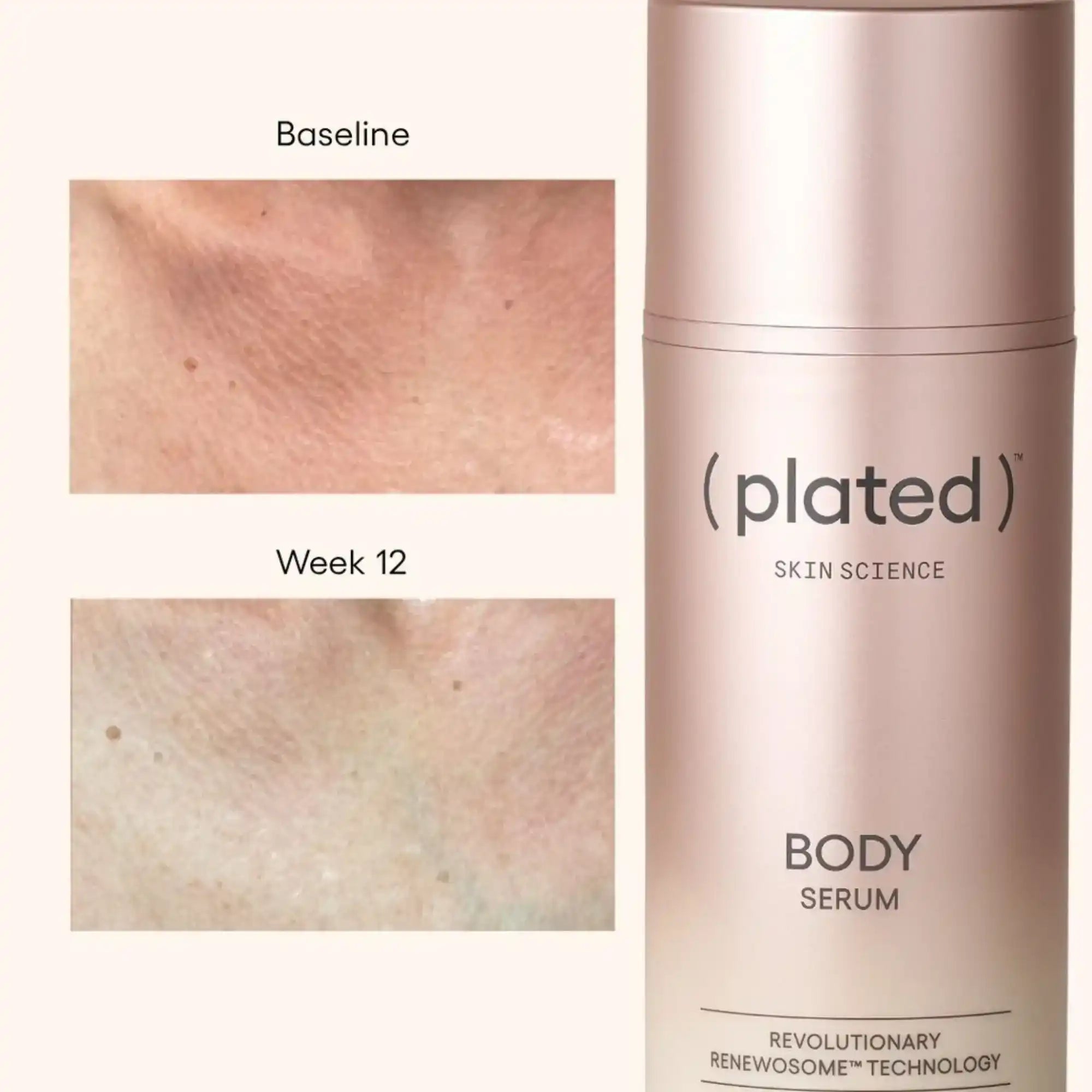 Plated Skin Science Body Serum with before and after skin results at baseline and week 12