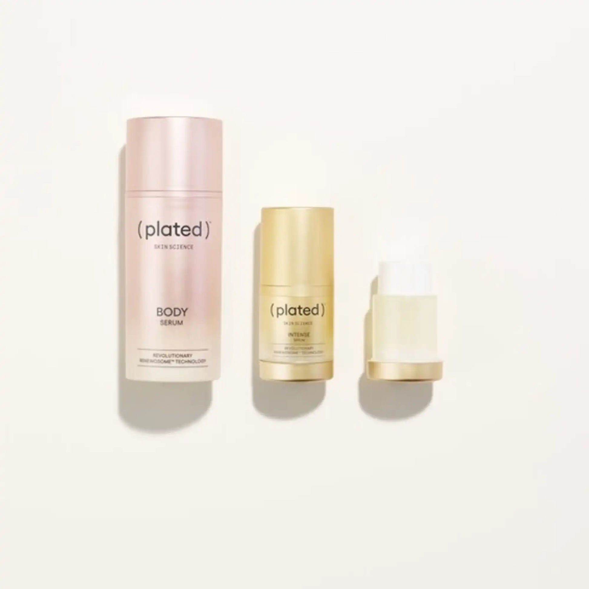 Plated Skin Science serums: Body Serum, Intense Serum, and lip treatment with Renewosome technology