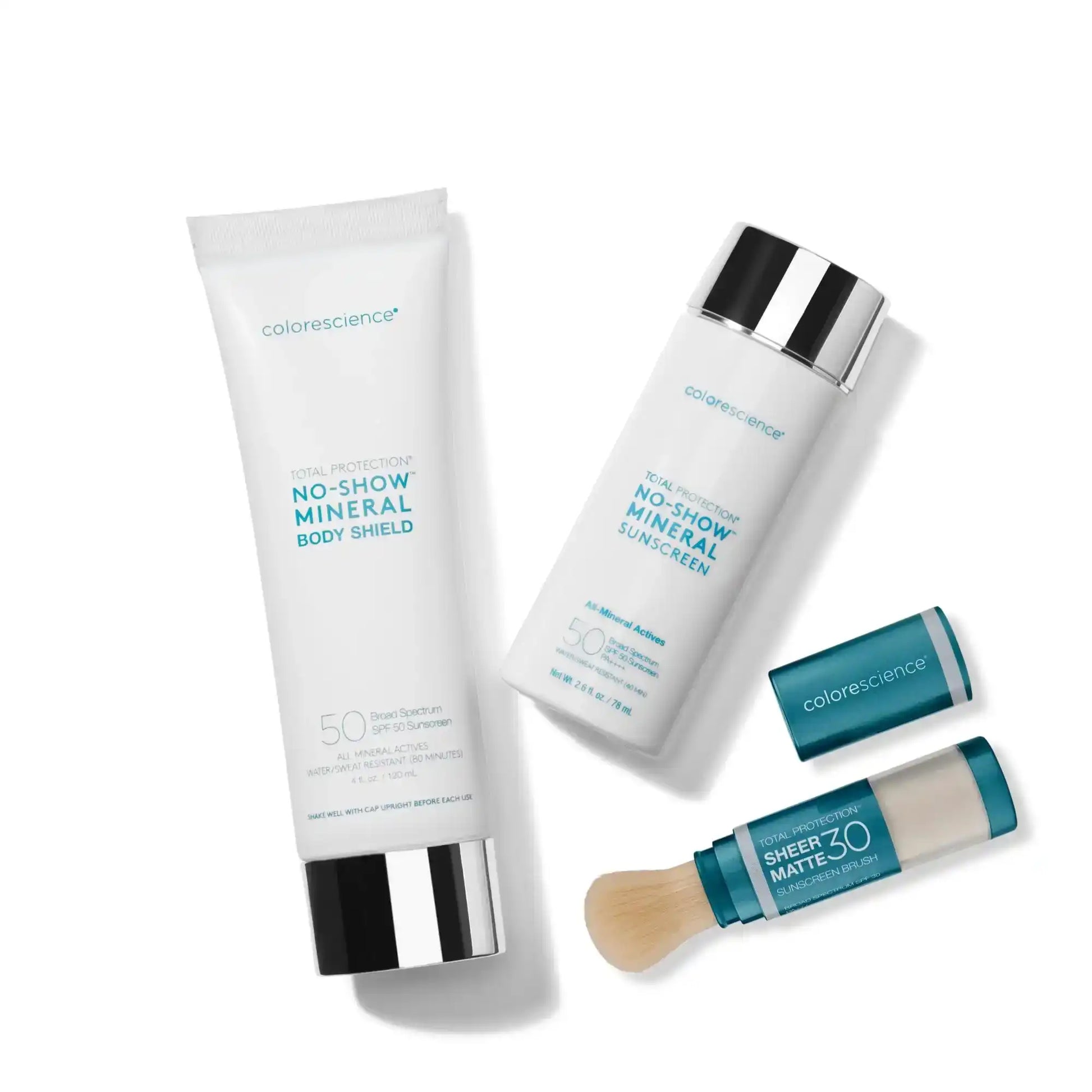 Colorescience mineral sunscreen products including body shield, face sunscreen, and sheer matte brush
