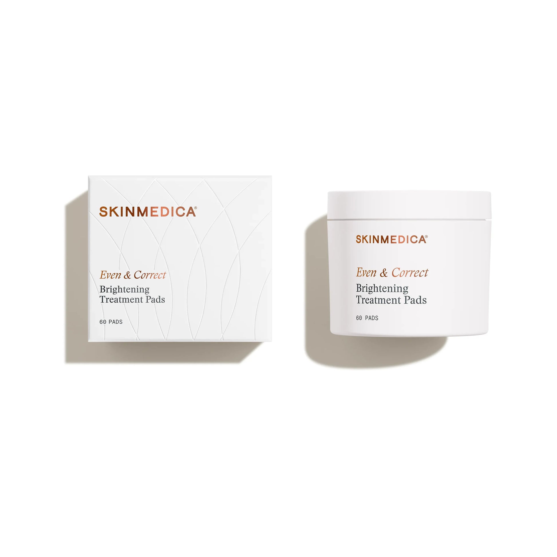 Brightening treatment pads in white jar and box, 60 count, skincare product on white background