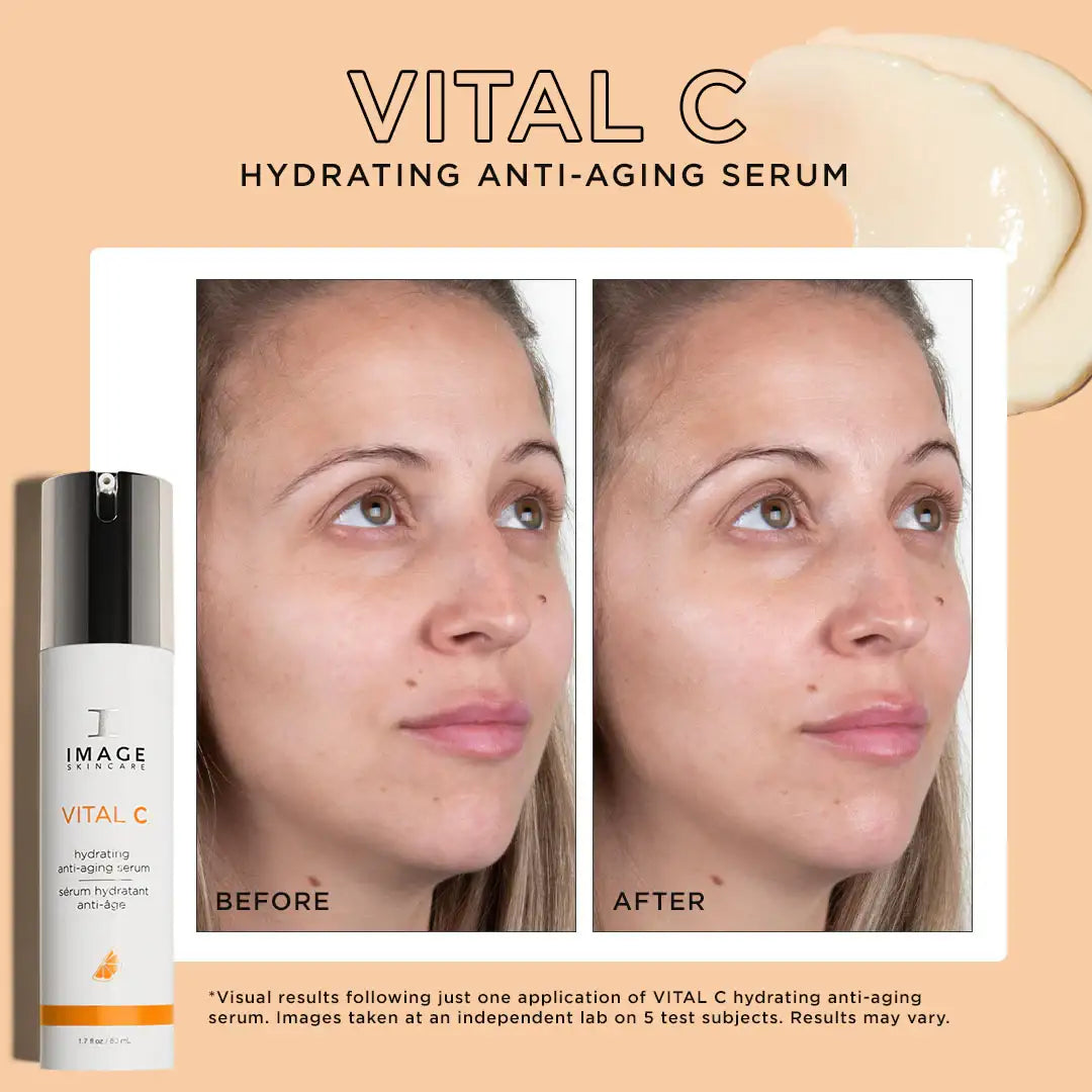 Before and after comparison of woman's face using hydrating anti-aging vitamin C serum