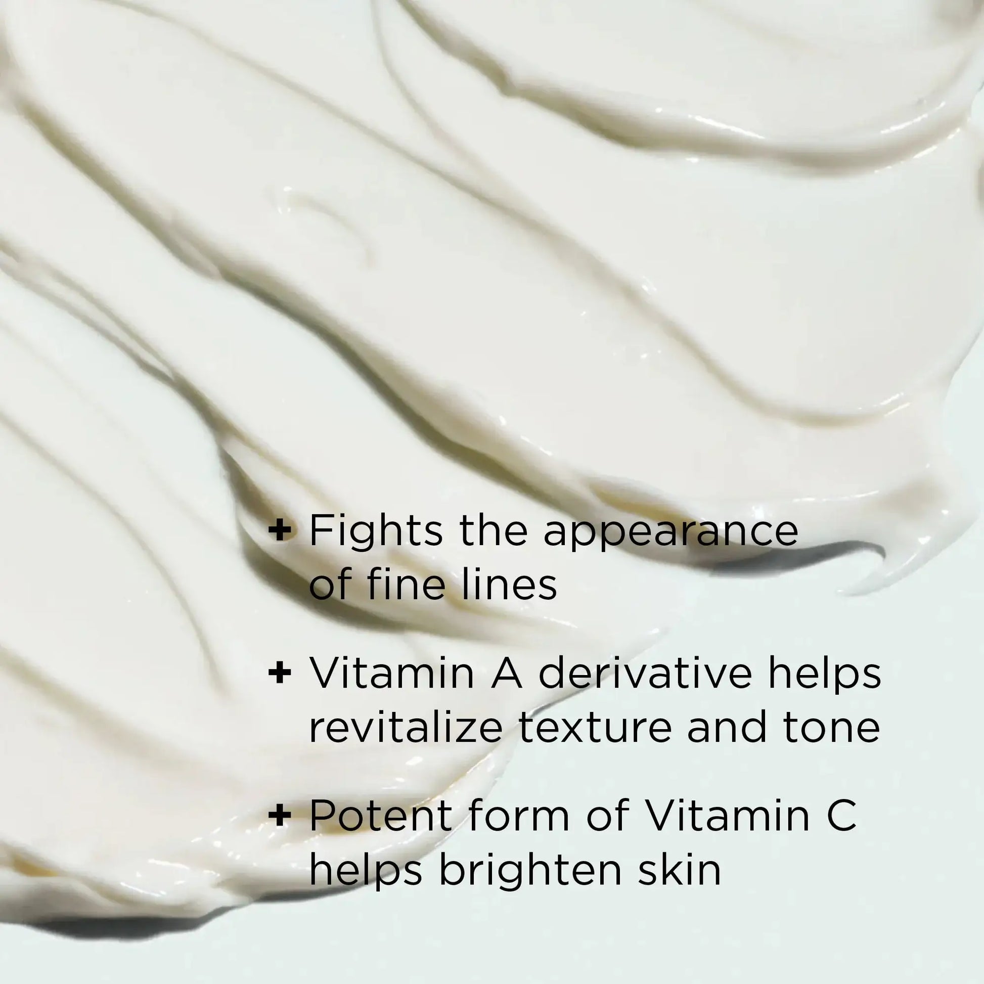 Hydrating repair cream texture with text on anti-aging, Vitamin A, and Vitamin C skincare benefits