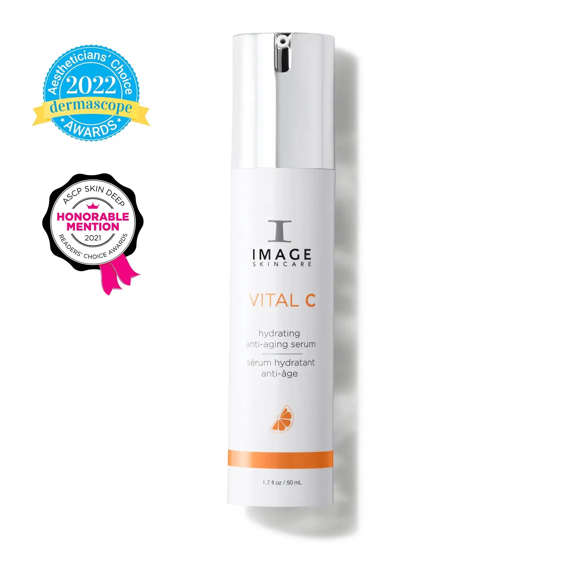 IMAGE Skincare Vital C hydrating anti-aging serum bottle with award badges on white background