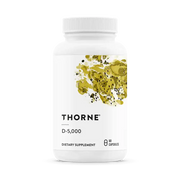 Thorne D-5,000 dietary supplement bottle with 60 capsules, featuring green abstract design