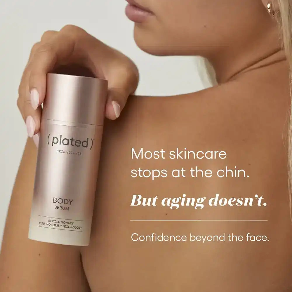 Plated Skin Science Body Serum with Renewosome Technology, held against bare shoulder, promoting body skincare confidence.