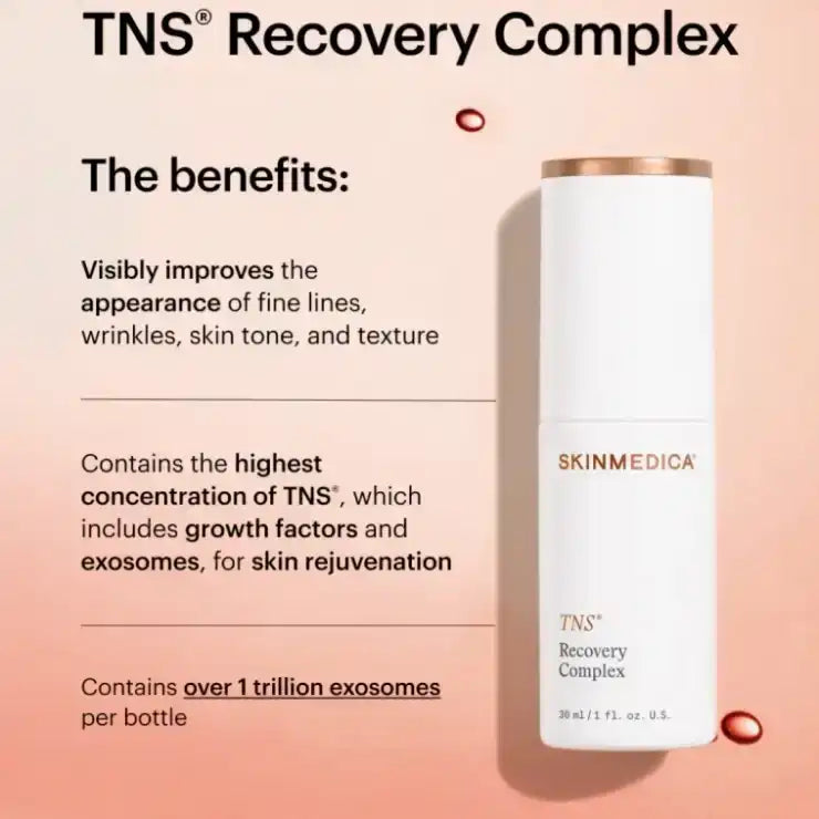 SkinMedica TNS Recovery Complex bottle with listed skin rejuvenation benefits.