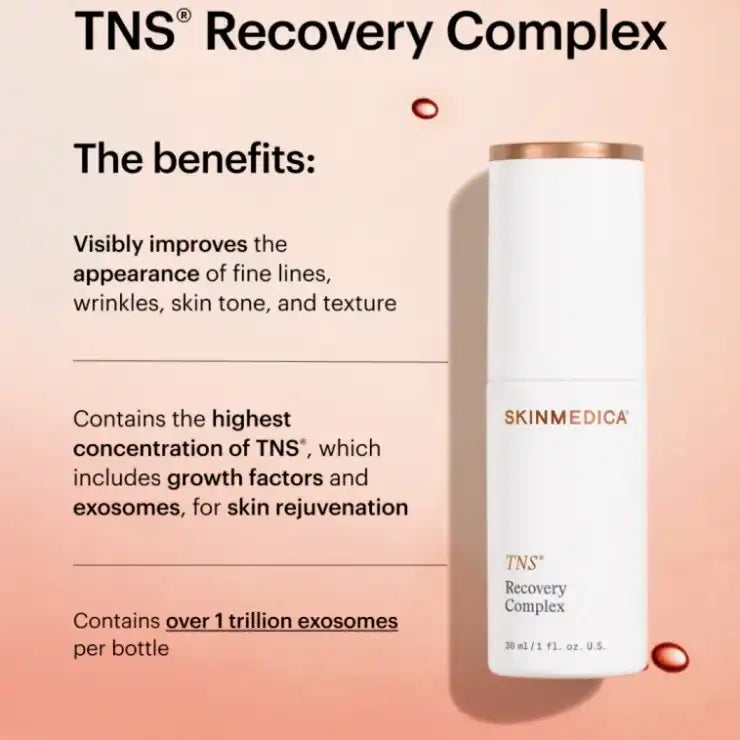 SkinMedica TNS Recovery Complex serum bottle with benefits listed for fine lines, wrinkles, and skin rejuvenation