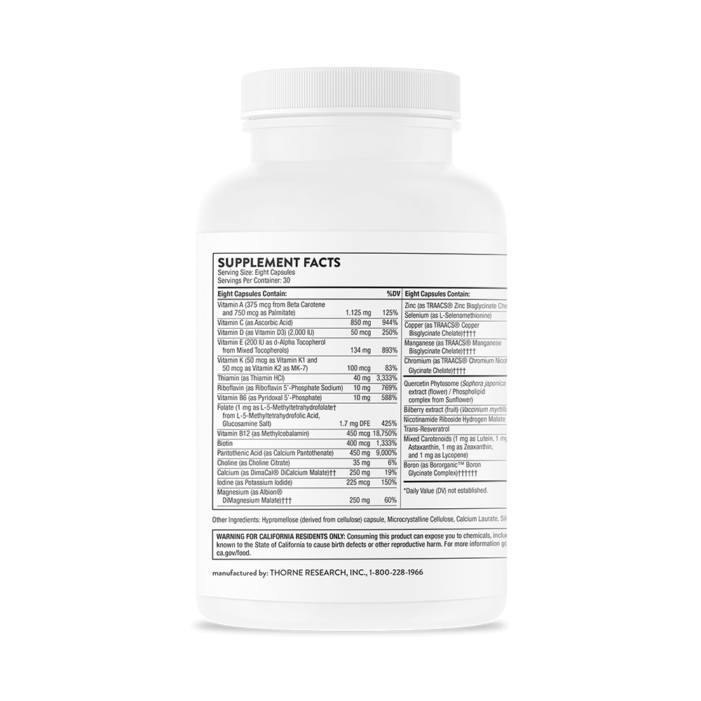 Thorne supplement bottle showing detailed supplement facts label with vitamins, minerals, and ingredients for wellness support