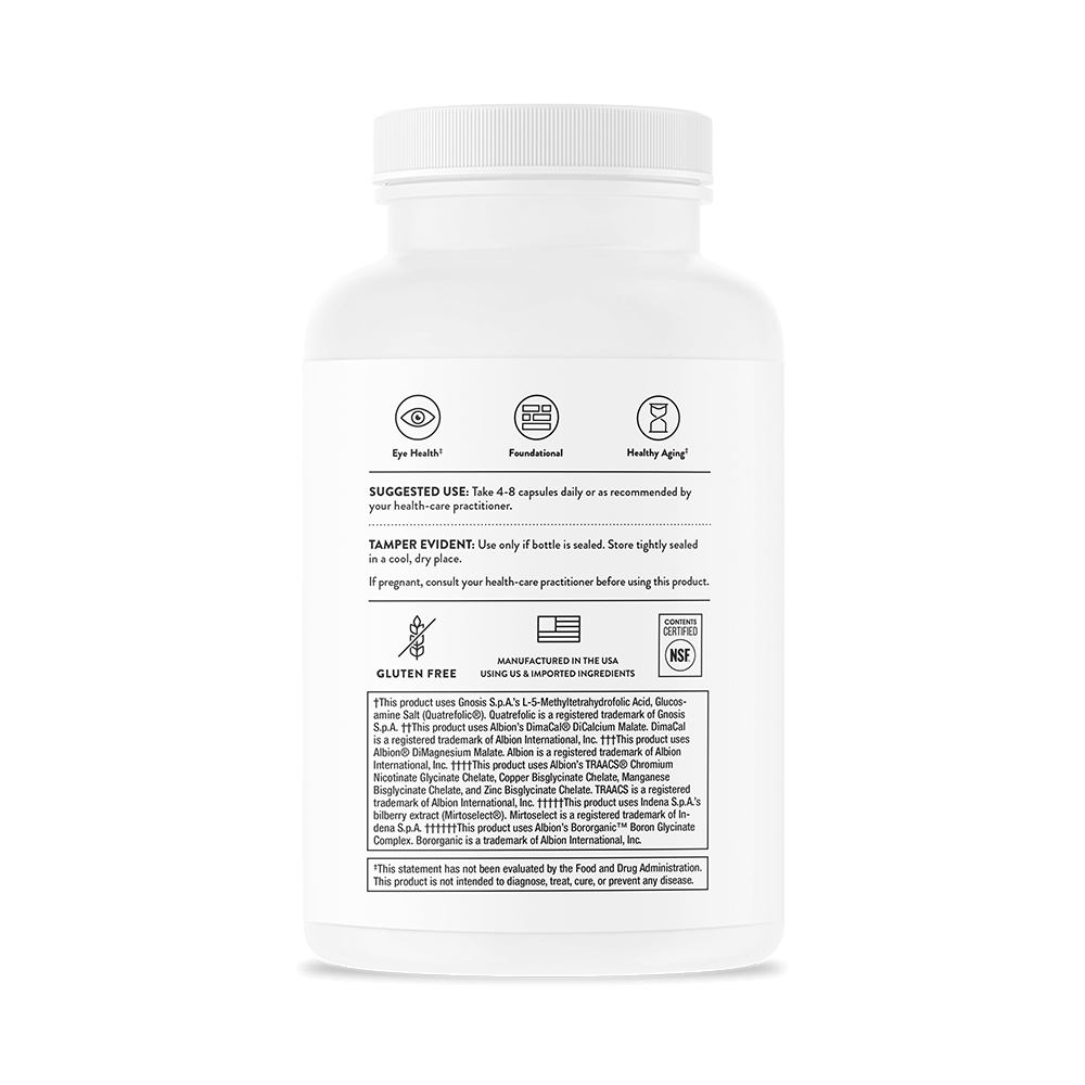 White supplement bottle back label showing gluten-free, USA-made, NSF certified, for eye health & healthy aging