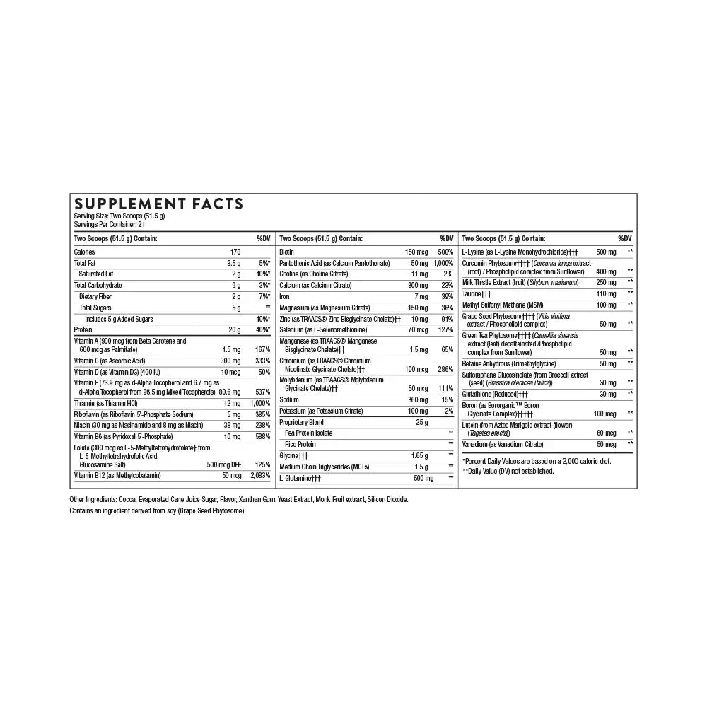 Supplement facts label showing vitamins, minerals, and ingredients for a wellness product