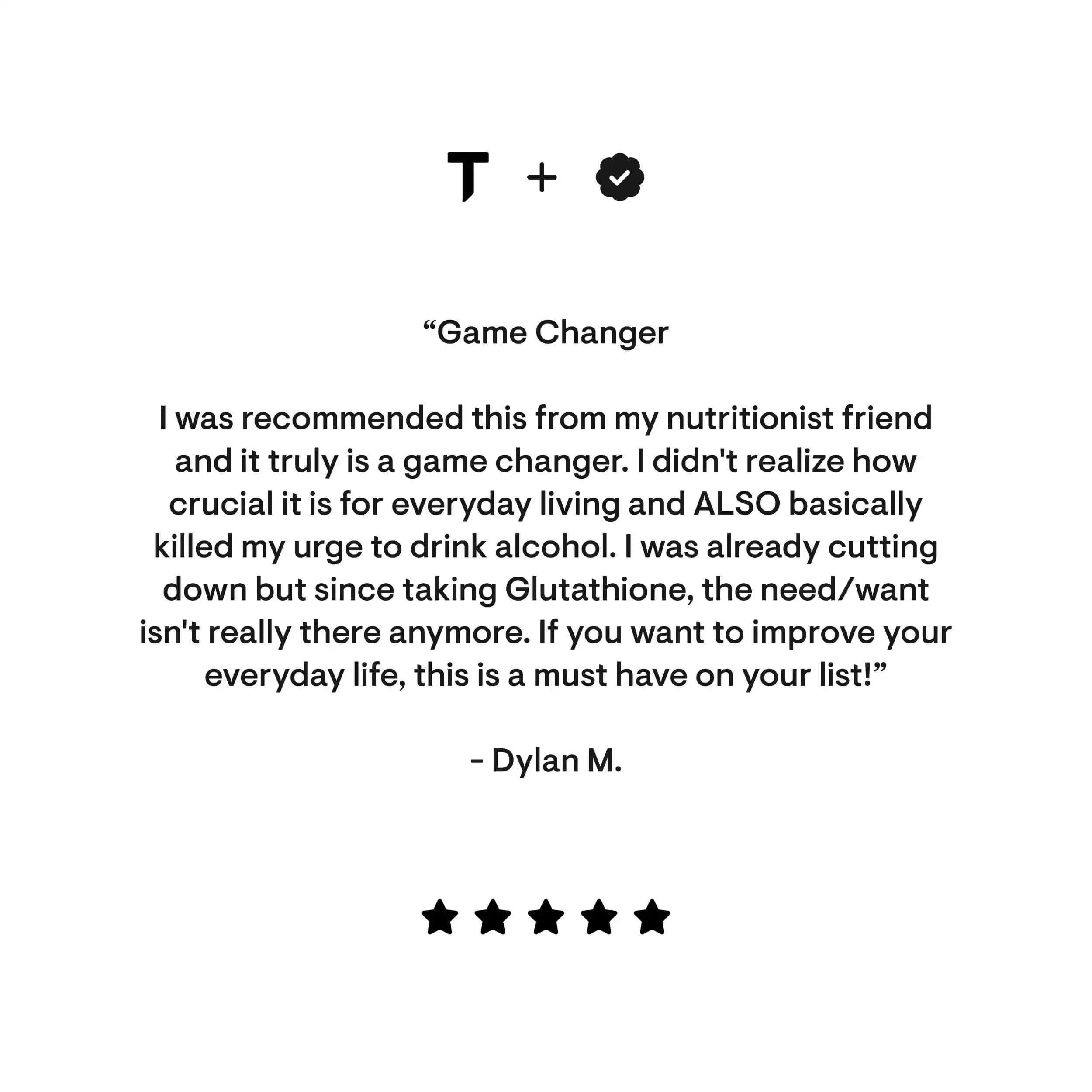 Five-star review praising Glutathione for improving daily life and reducing alcohol cravings