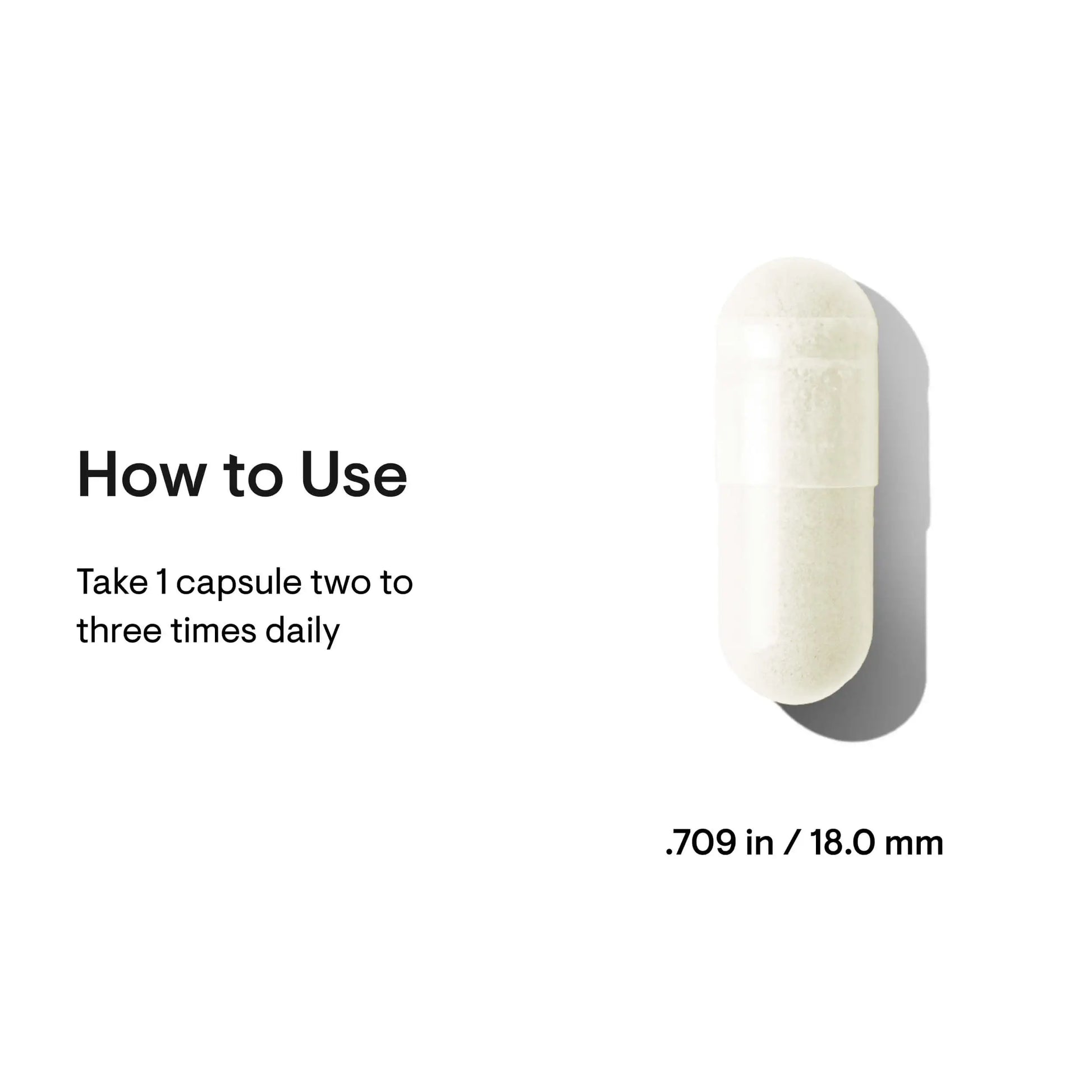 White capsule supplement with usage instructions, 18.0 mm size for daily skincare wellness