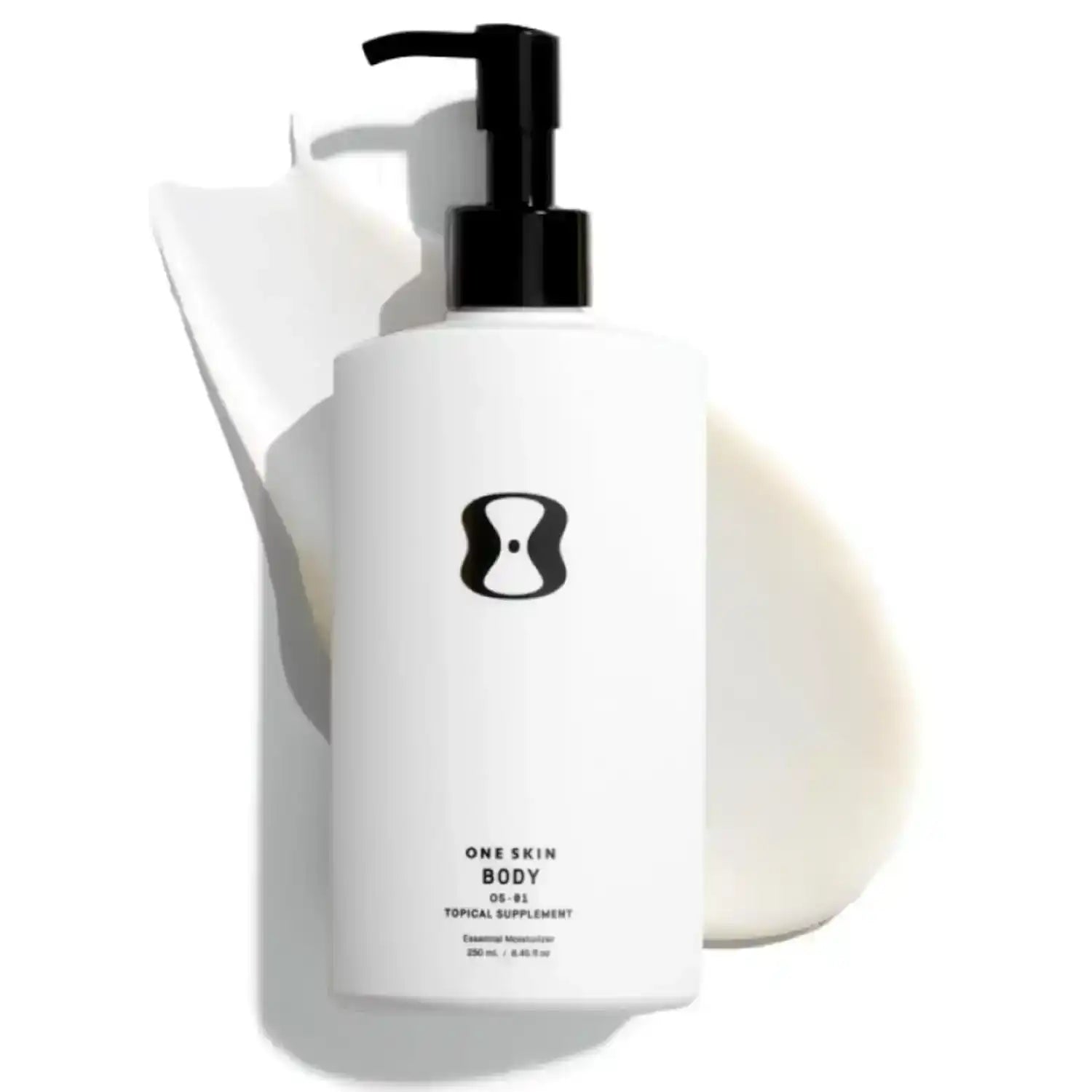 One Skin Body topical supplement essential moisturizer with black pump dispenser