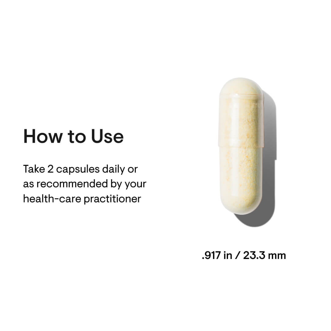 Single capsule with usage instructions: take 2 daily or as directed by practitioner, 23.3 mm size shown