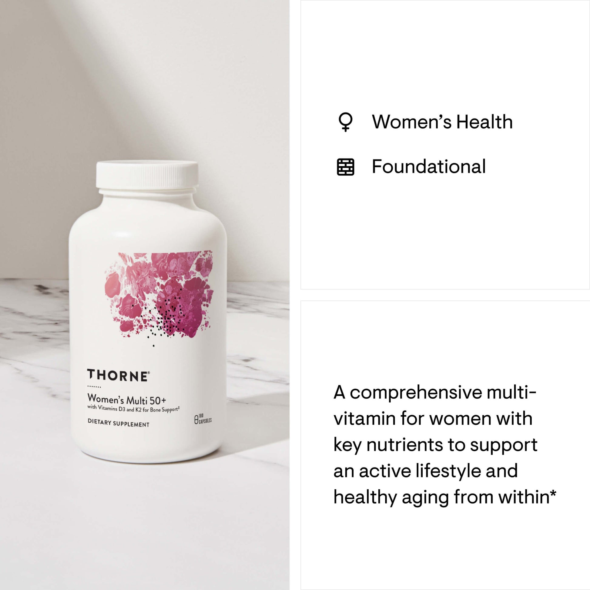 Thorne Women's Multi 50+ dietary supplement bottle for women's health and healthy aging support