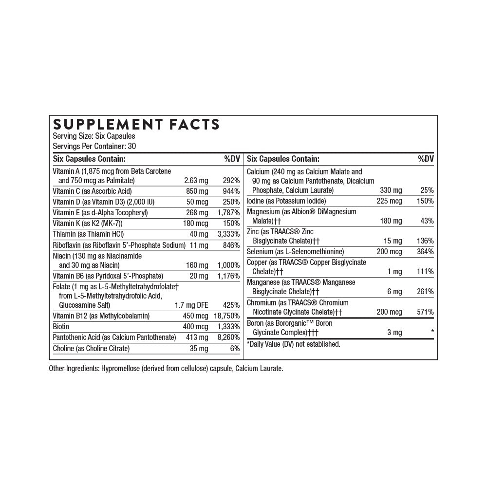 Supplement facts label showing vitamins, minerals, and daily values for six capsules