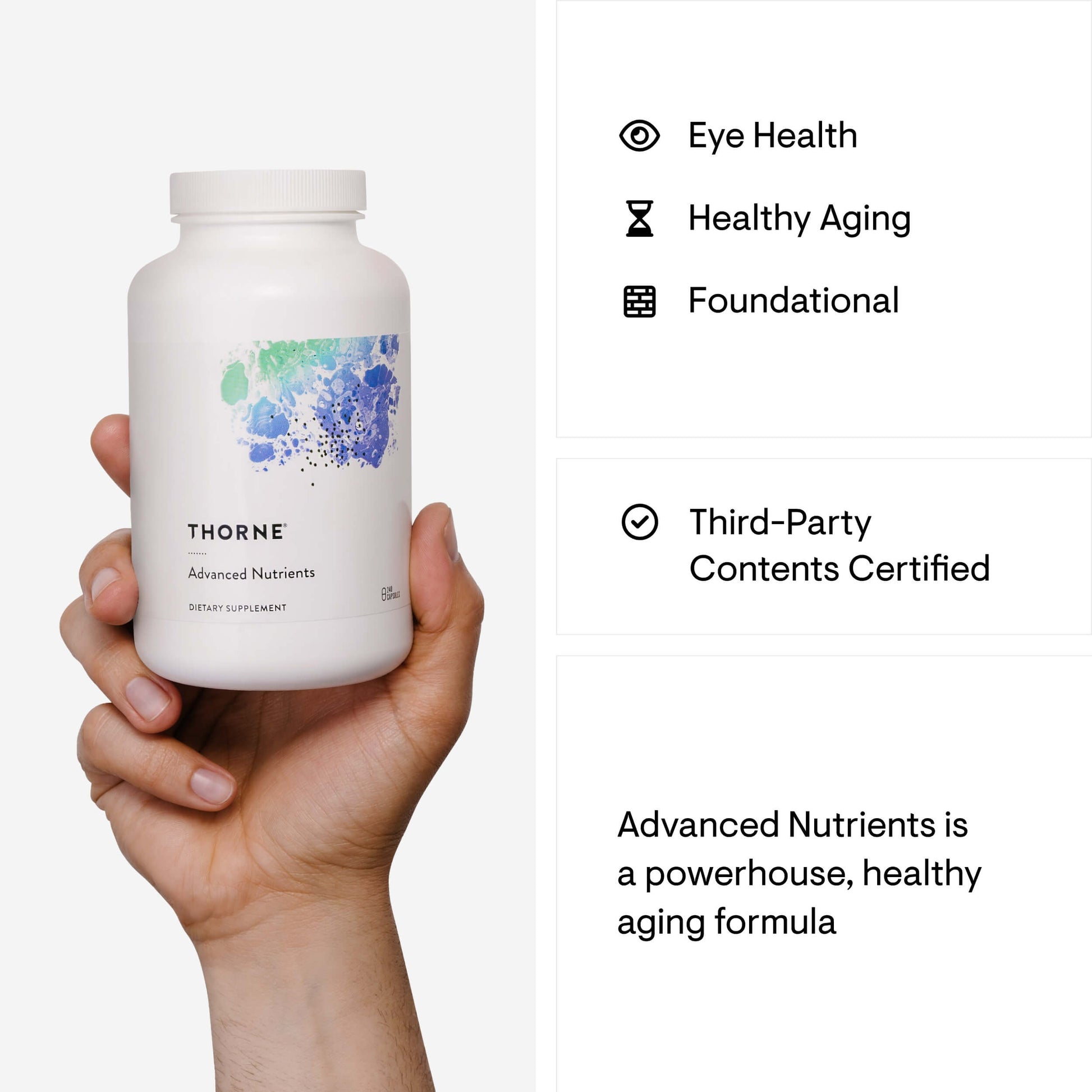 Thorne Advanced Nutrients dietary supplement for healthy aging, eye health, and foundational wellness, third-party certified.