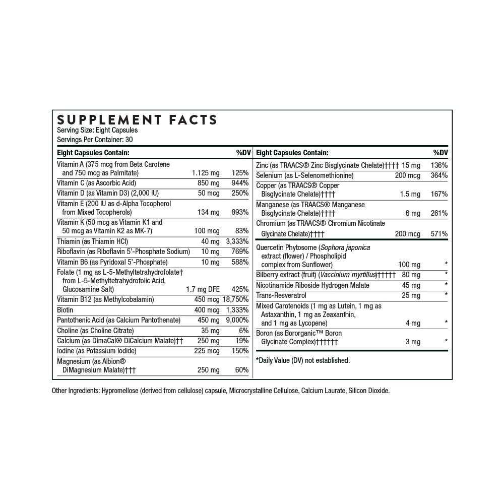 Supplement facts label showing vitamins, minerals, and ingredients for a clinician-curated wellness product