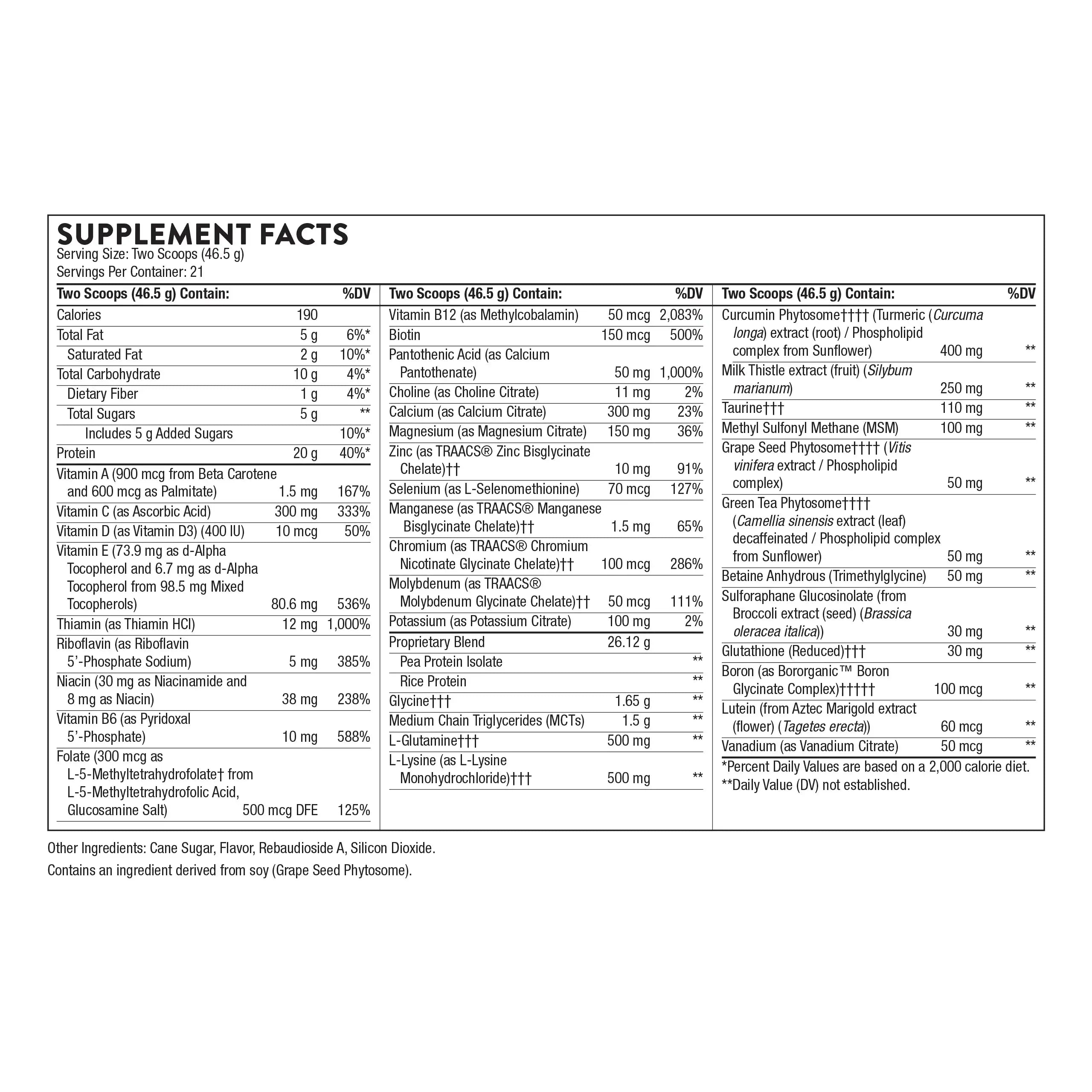 Supplement facts label detailing vitamins, minerals, and proprietary blend for wellness support.