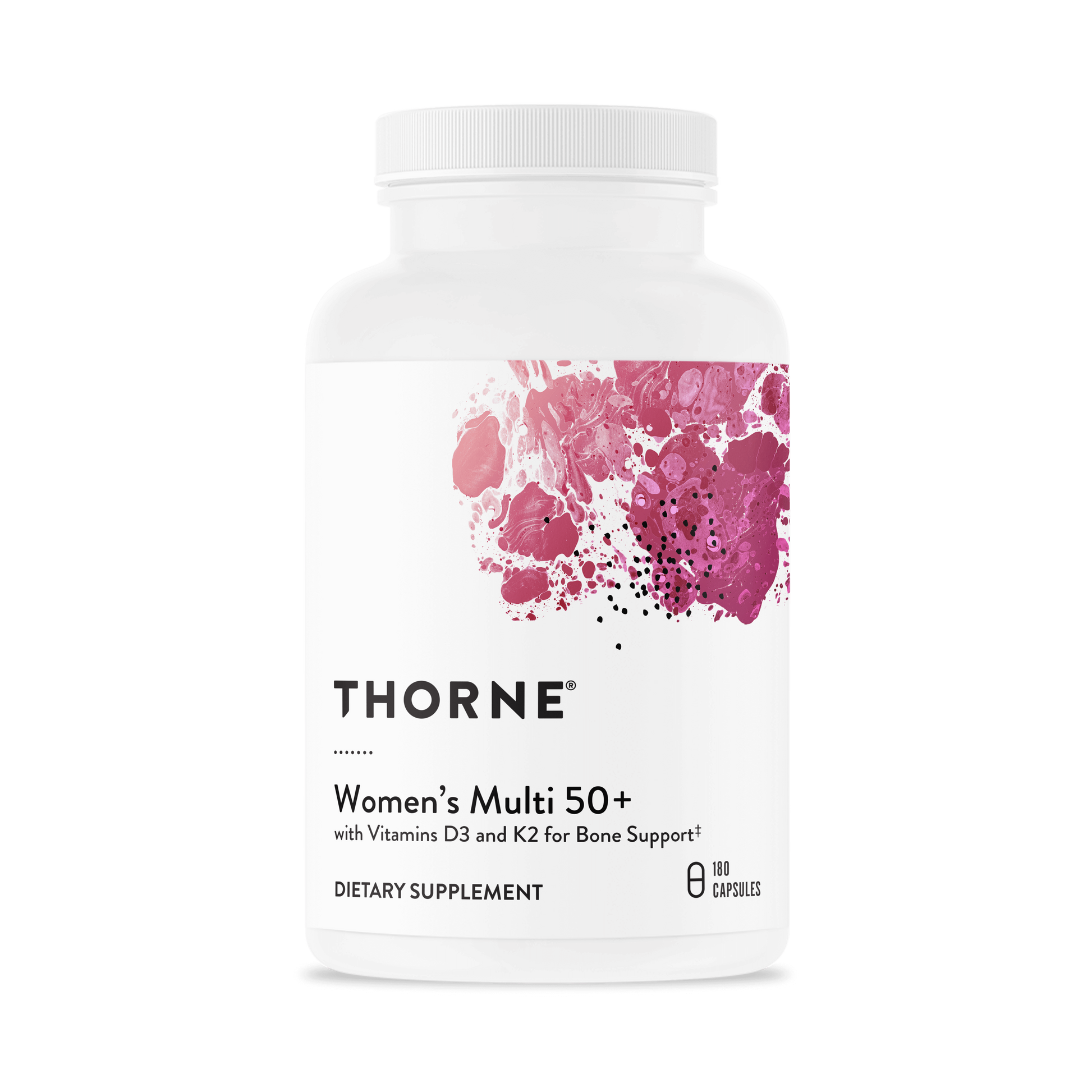 Thorne Women's Multi 50+ dietary supplement bottle with pink label, 180 capsules for bone support