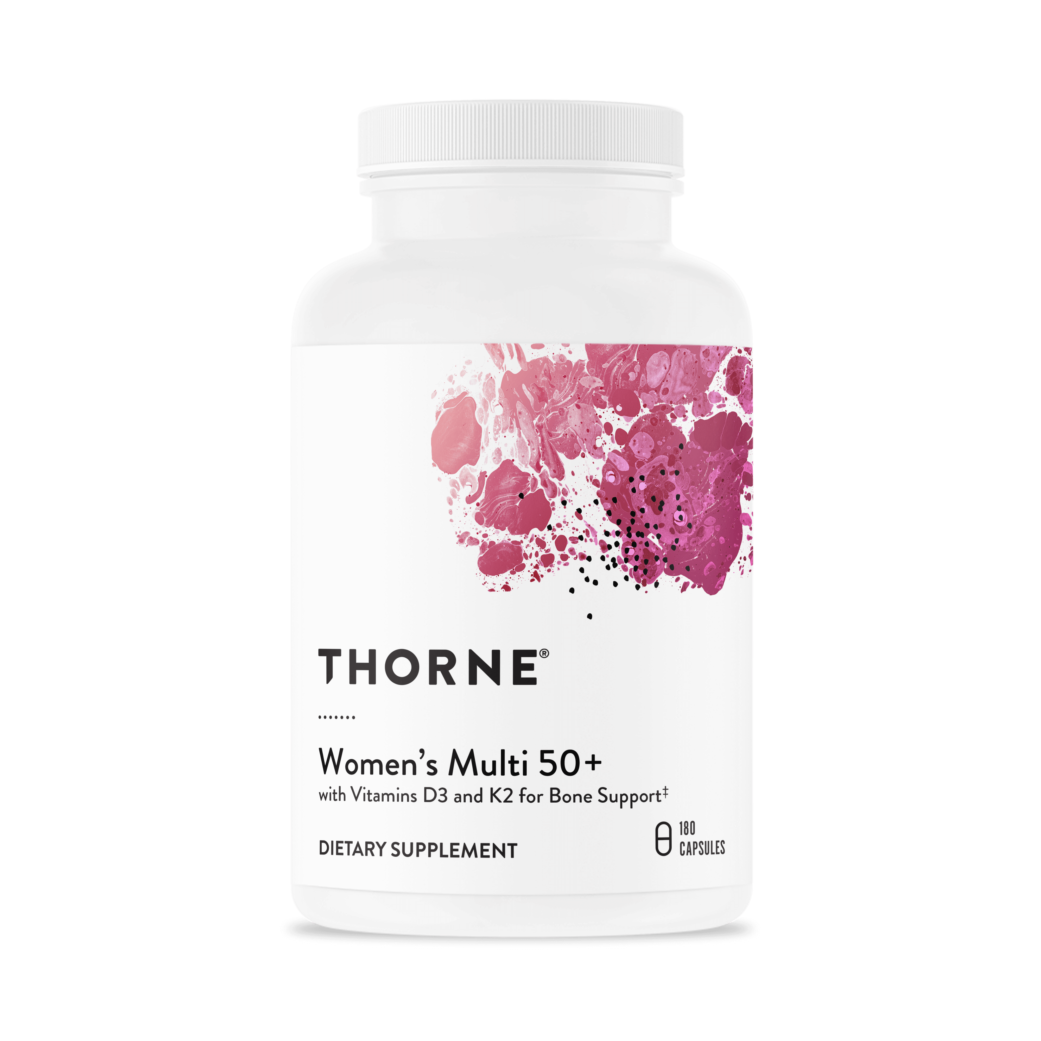 Thorne Women's Multi 50+ dietary supplement bottle with pink label, 180 capsules for bone support