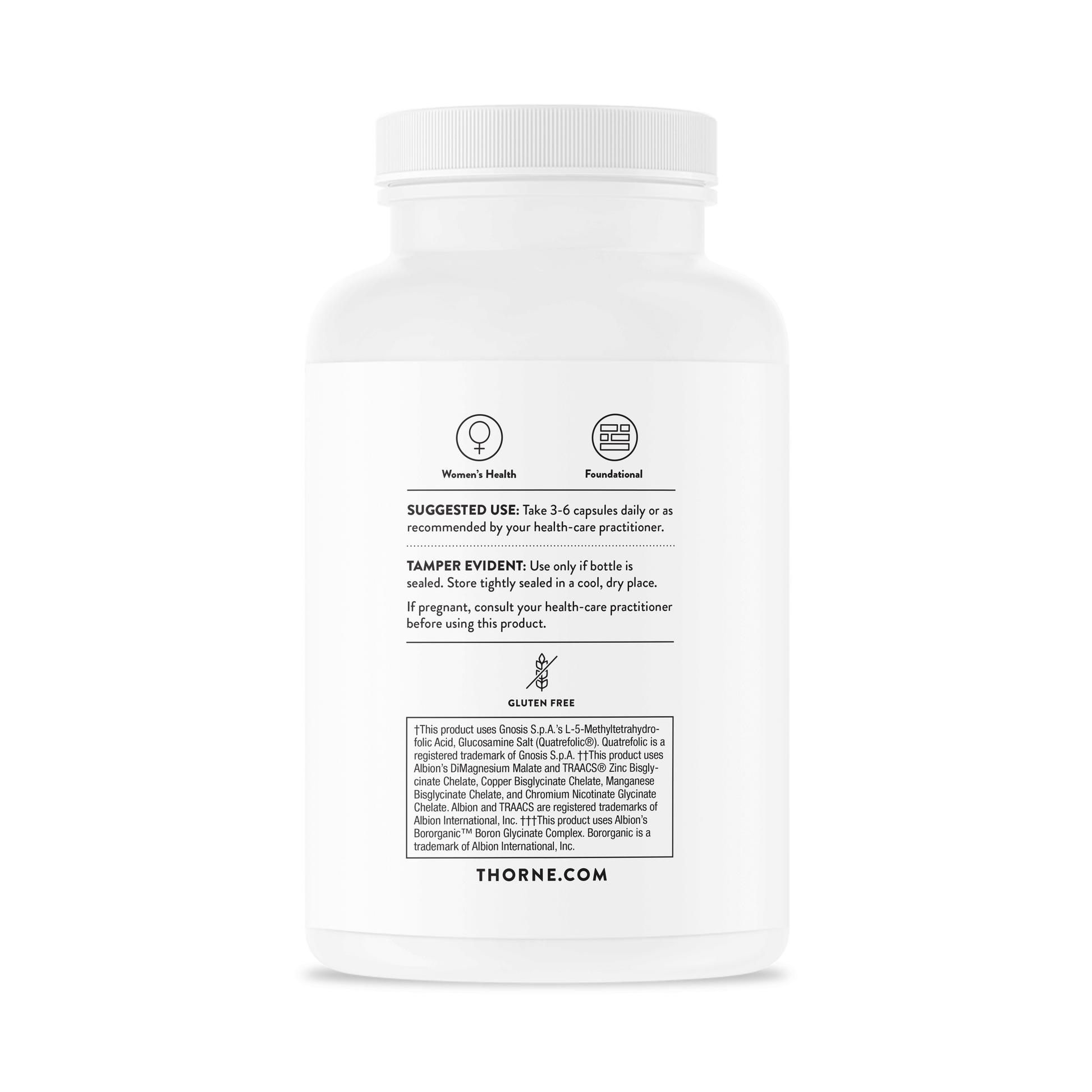 White supplement bottle for women's health, gluten-free, foundational support, Thorne brand