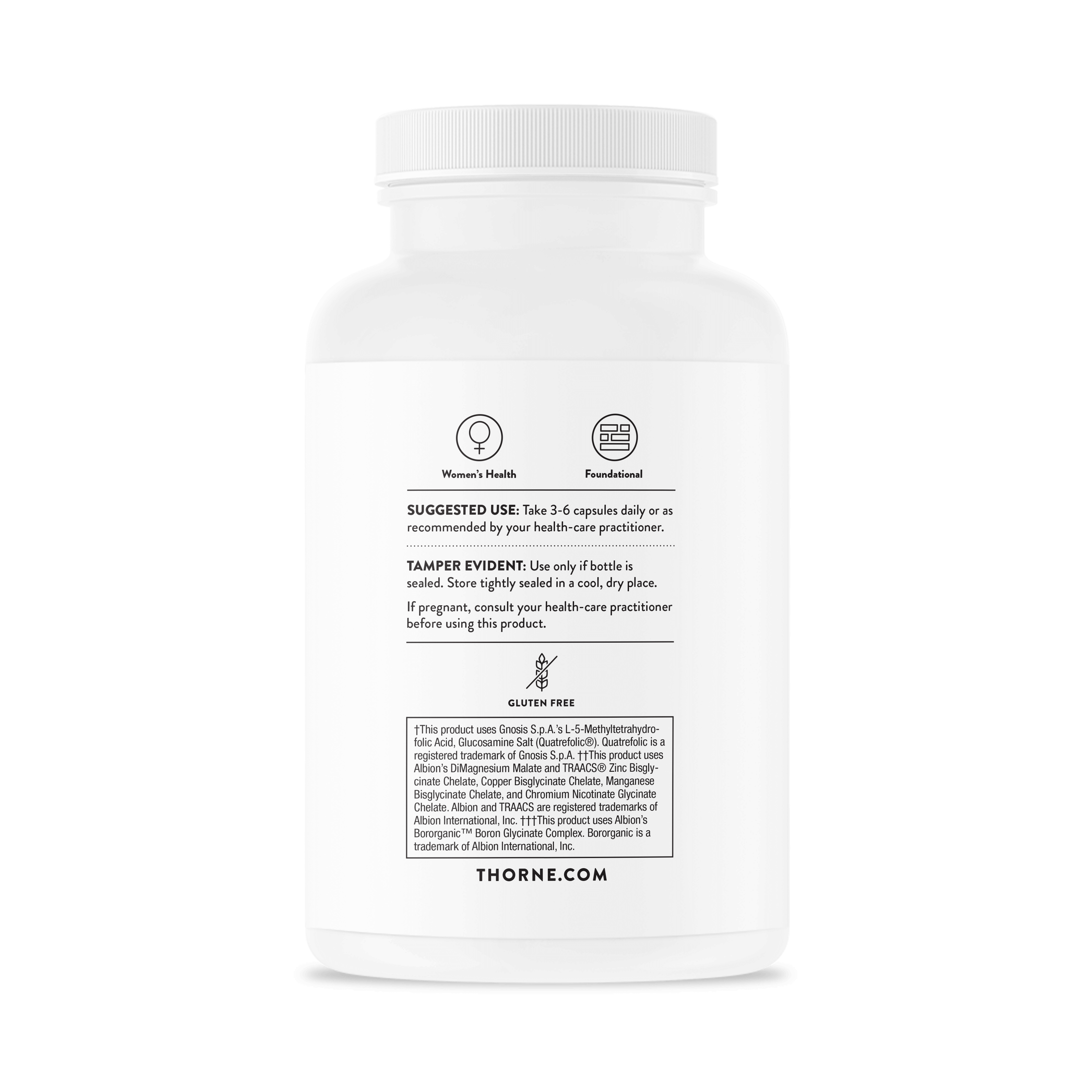 White supplement bottle for women's health, gluten-free, foundational support, Thorne brand