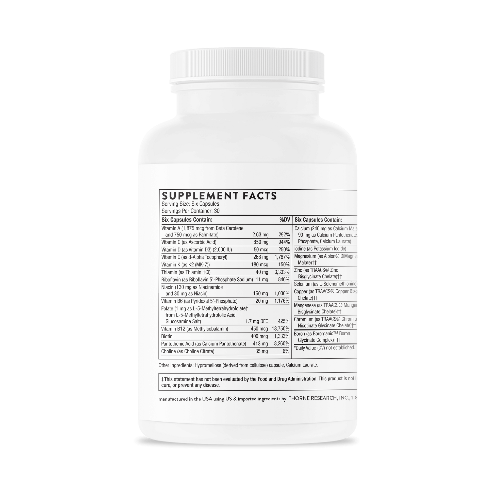 Thorne supplement bottle showing detailed ingredient facts label for vitamins and minerals