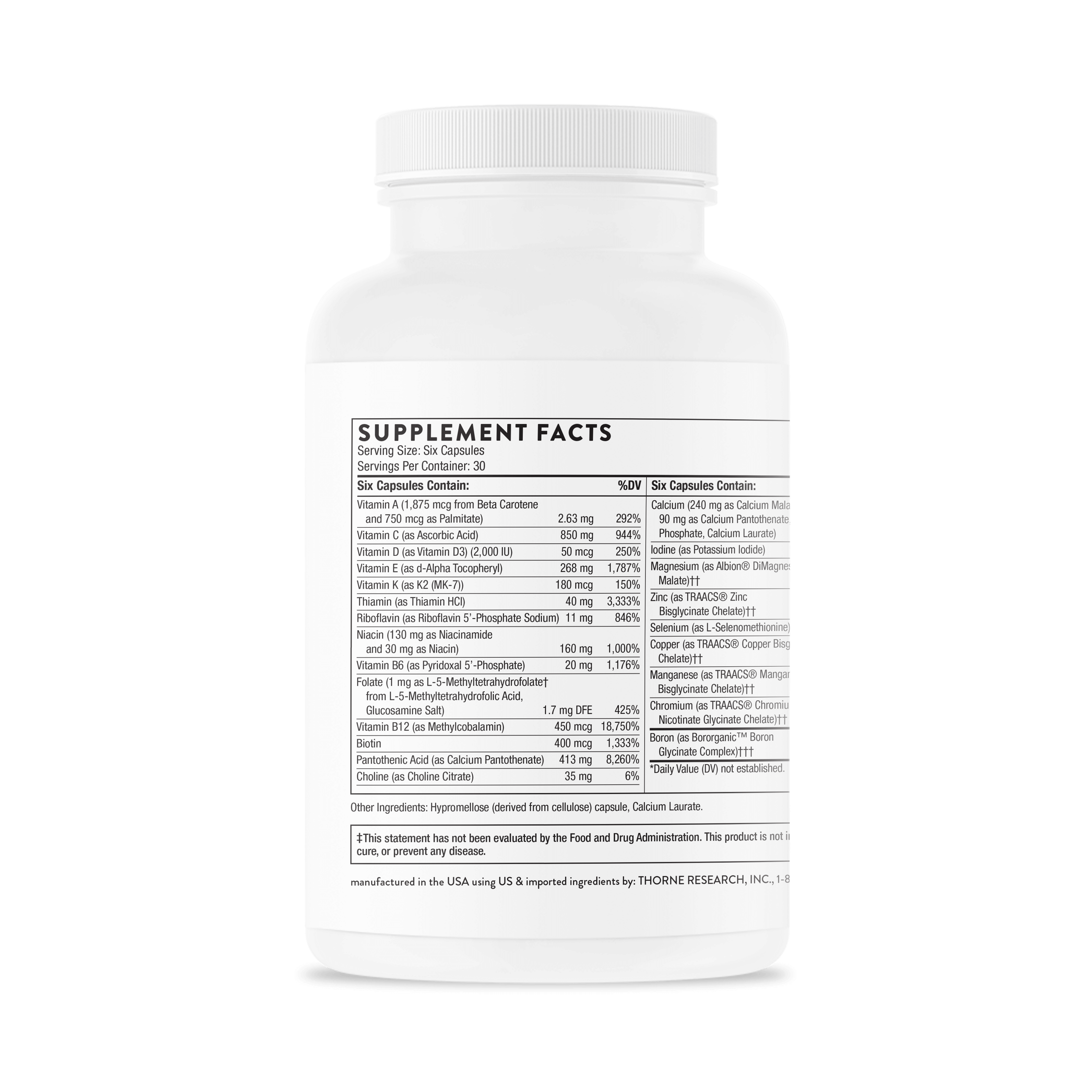 Thorne supplement bottle showing detailed ingredient facts label for vitamins and minerals