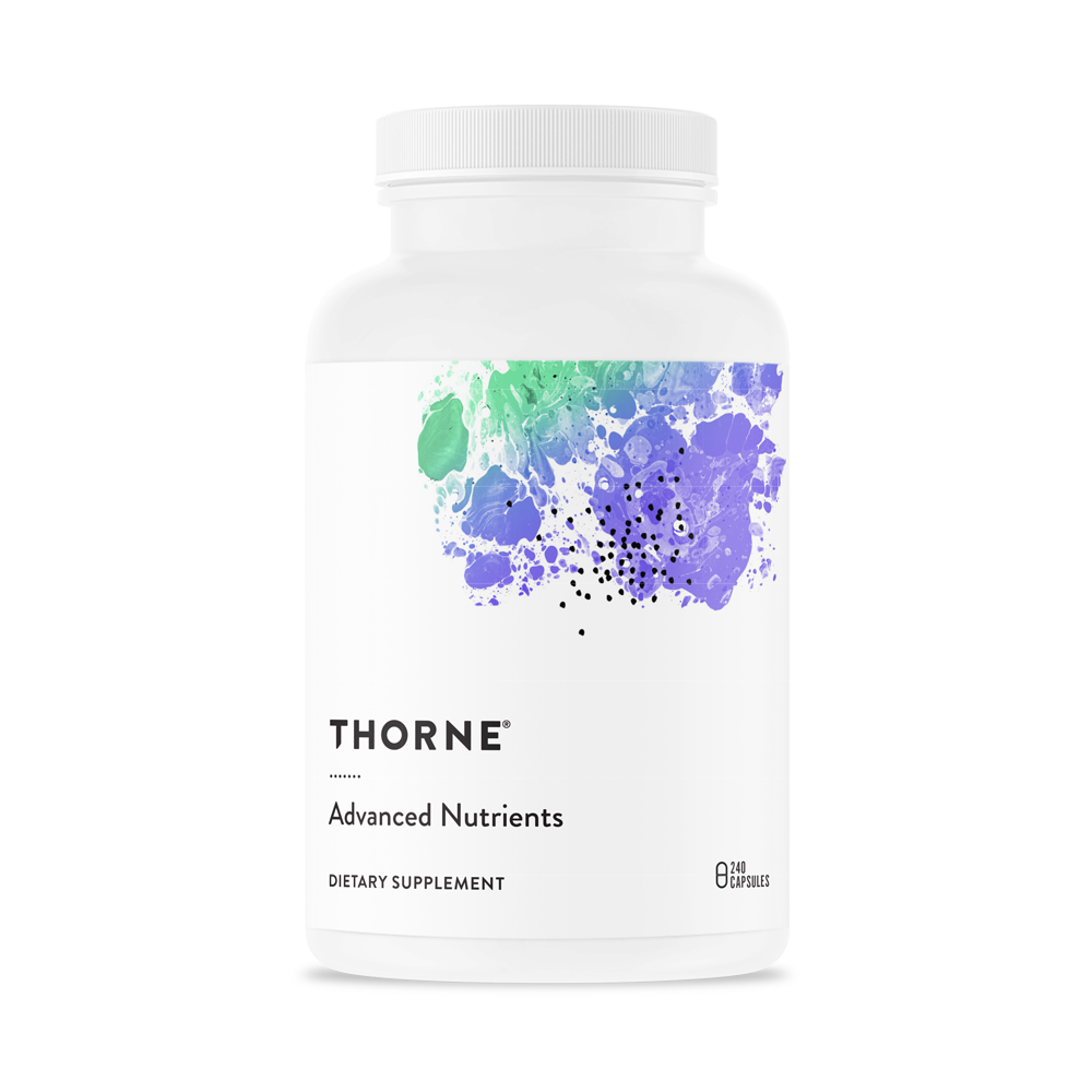 Thorne Advanced Nutrients dietary supplement bottle with 240 capsules, featuring colorful abstract label design