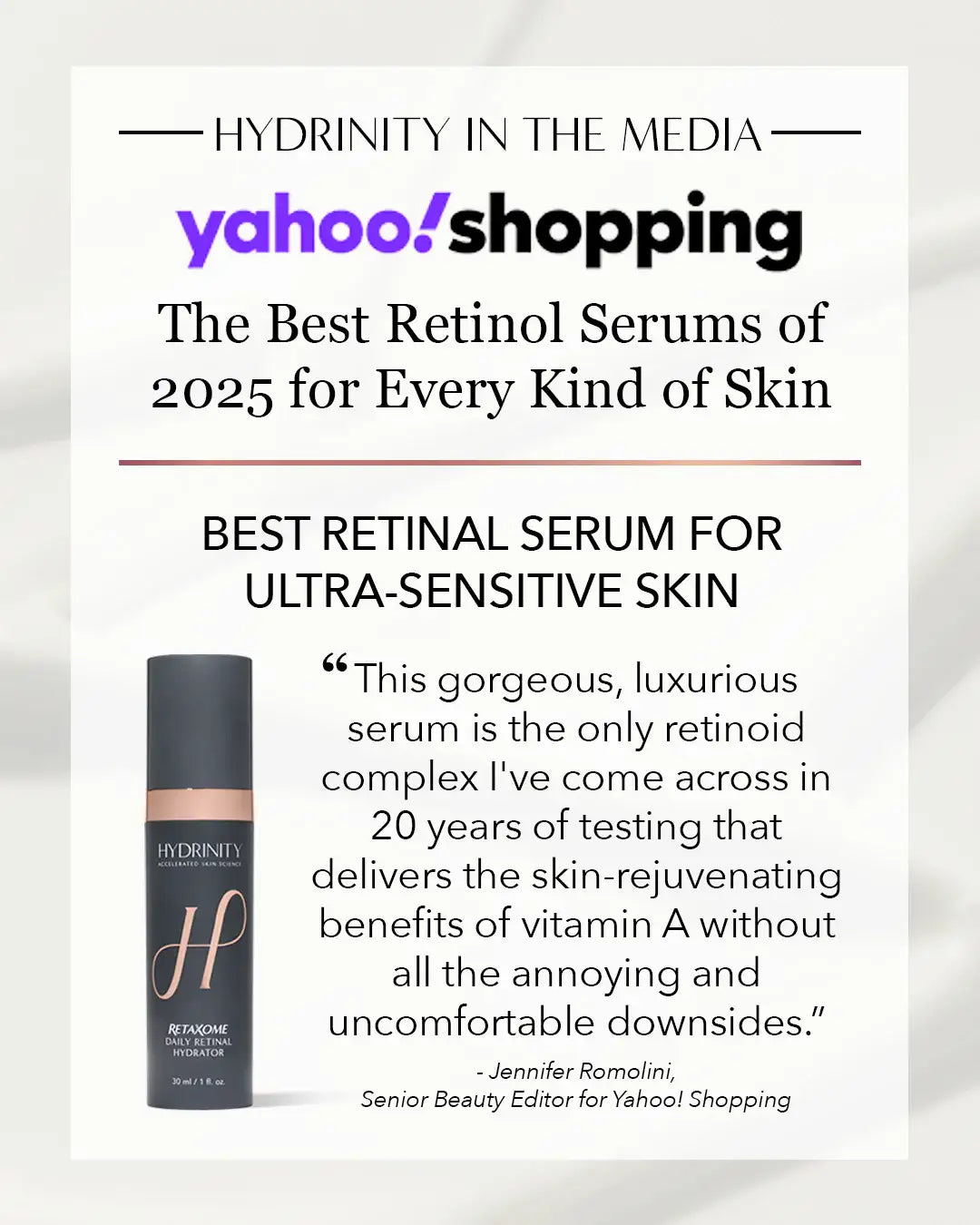Hydrinity Retinal Serum bottle with media review highlighting best serum for ultra-sensitive skin.
