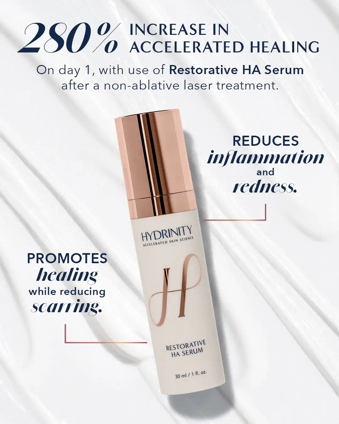 Hydrinity Restorative HA Serum bottle on white background with healing and skincare benefits text.