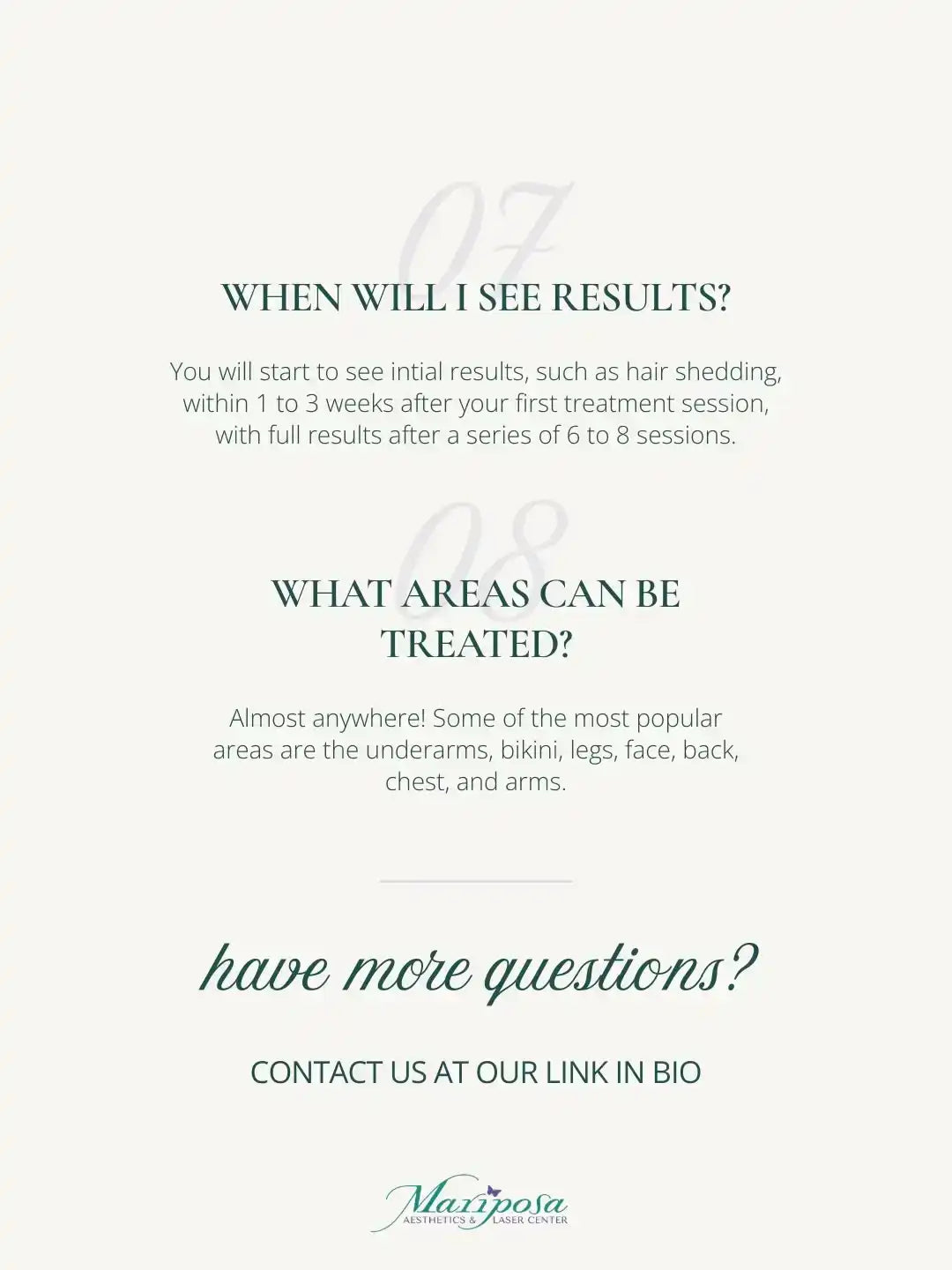FAQ page for laser hair removal at Mariposa Aesthetics & Laser Center