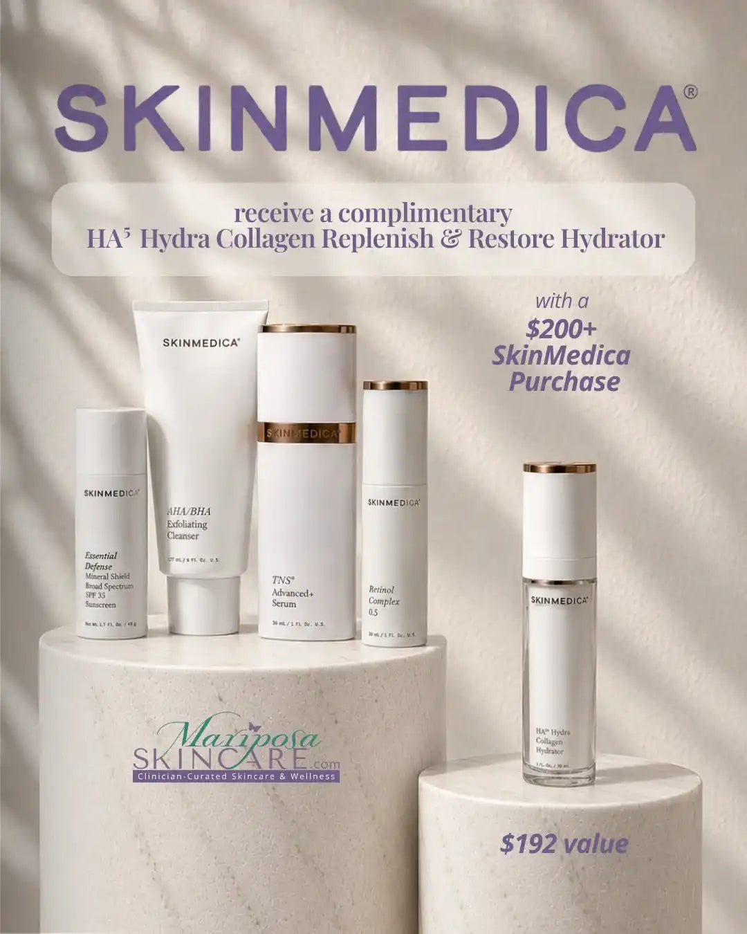 SkinMedica skincare products including TNS Advanced+ Serum and HA5 Hydra Collagen Hydrator.