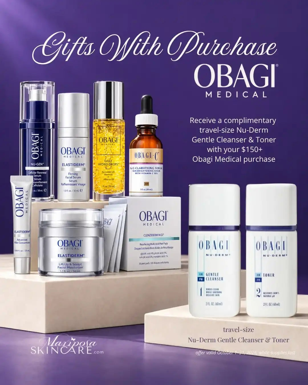 Obagi Medical skincare set with gift-with-purchase cleanser and toner on a purple background.