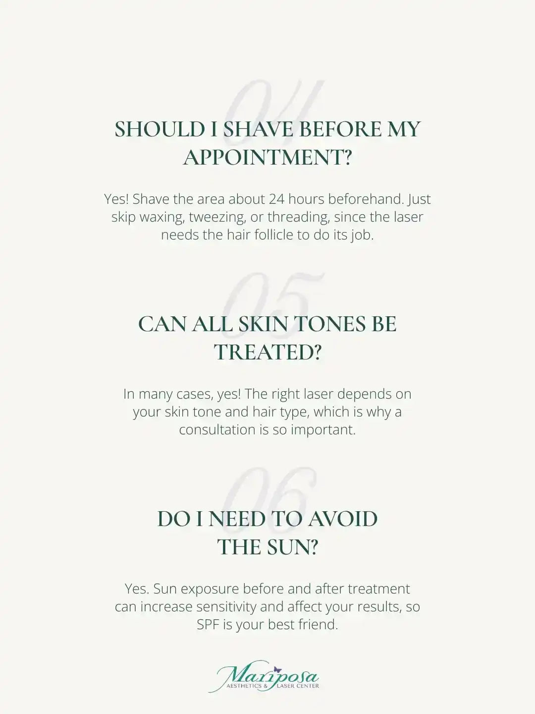 FAQ guide for laser hair removal treatments from Mariposa Aesthetics & Laser Center.