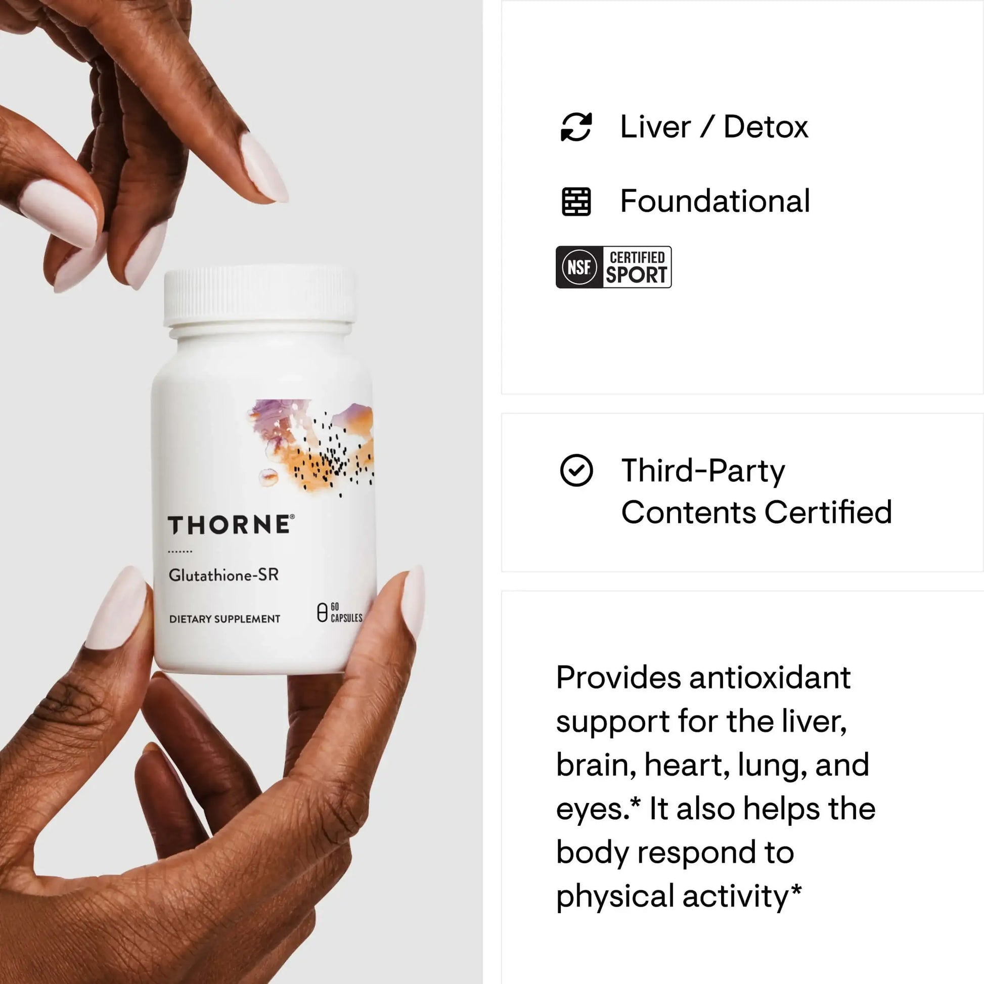 Thorne Glutathione-SR dietary supplement bottle held in hands, antioxidant liver detox support