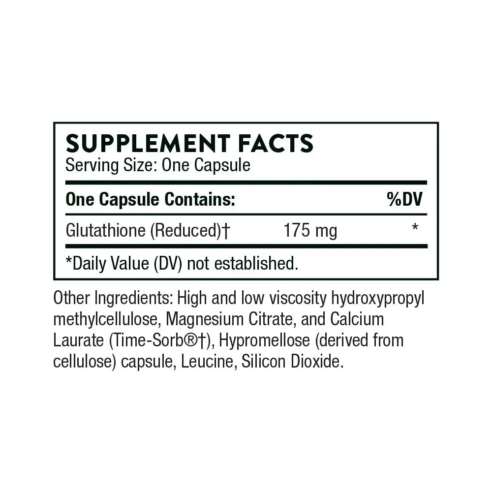 Supplement facts label showing glutathione dosage and ingredients for wellness support