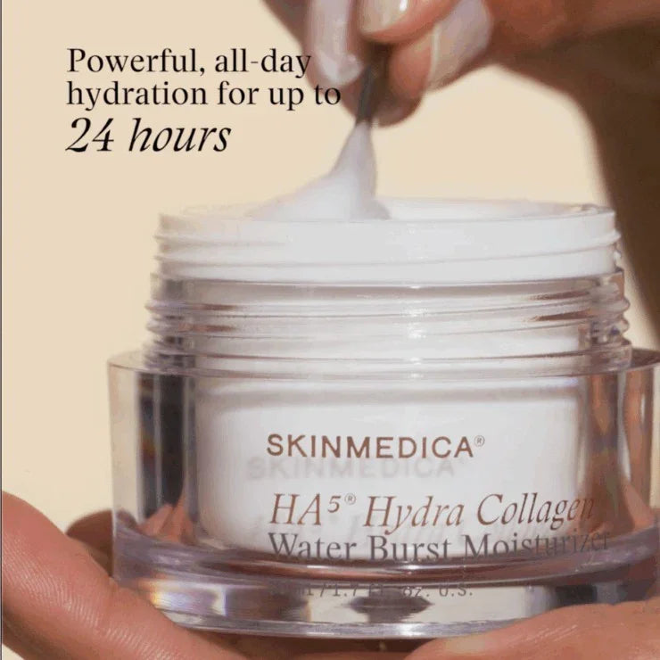 SkinMedica HA5 Hydra Collagen Water Burst Moisturizer jar with cream being scooped, hydrating skincare