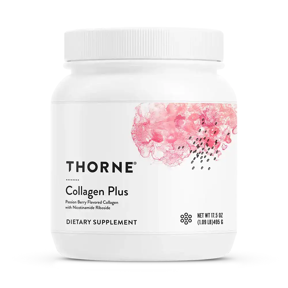 Thorne Collagen Plus dietary supplement in white jar with pink floral design