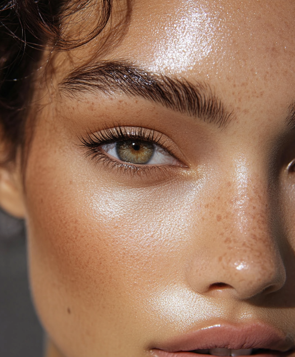 Glowing healthy skin with natural freckles and radiant complexion, showcasing skincare results