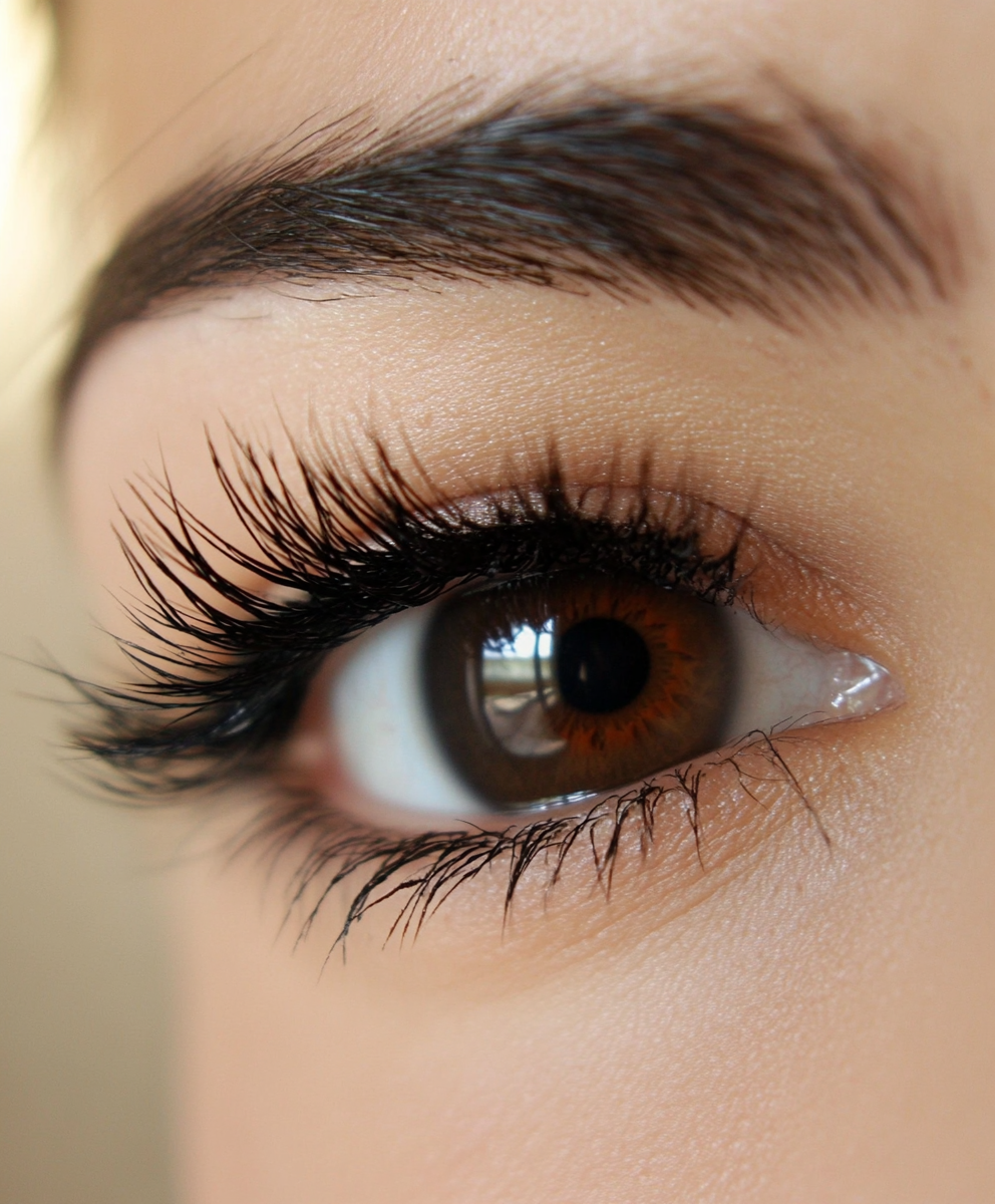 Close-up of brown eye with voluminous lashes and defined brow, showcasing natural-looking makeup